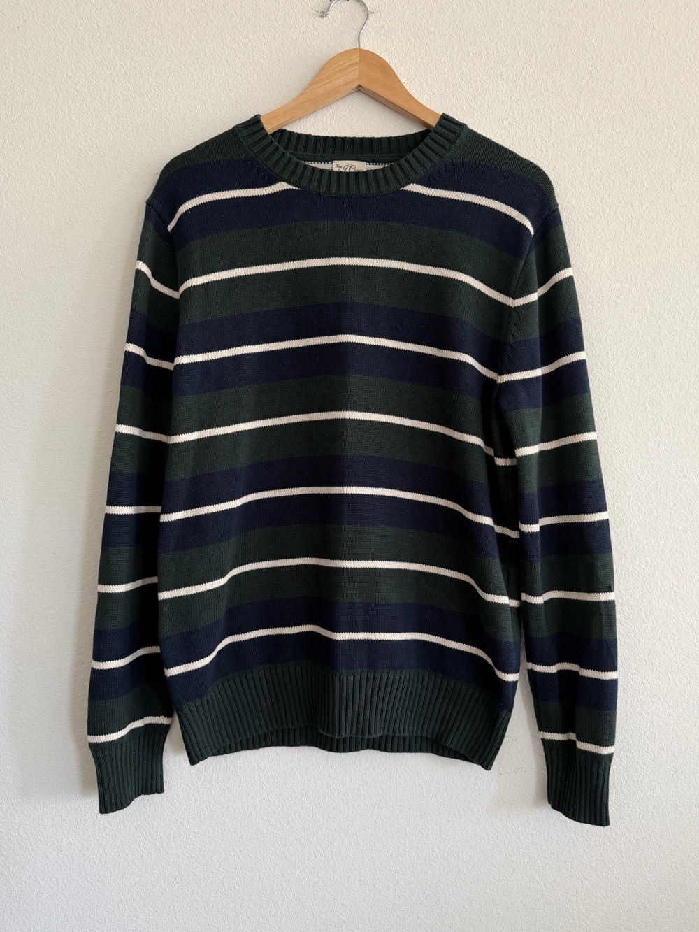 J.Crew Mens Relaxed Fit Heritage Cotton Sweater in Green Stripe, Size Small